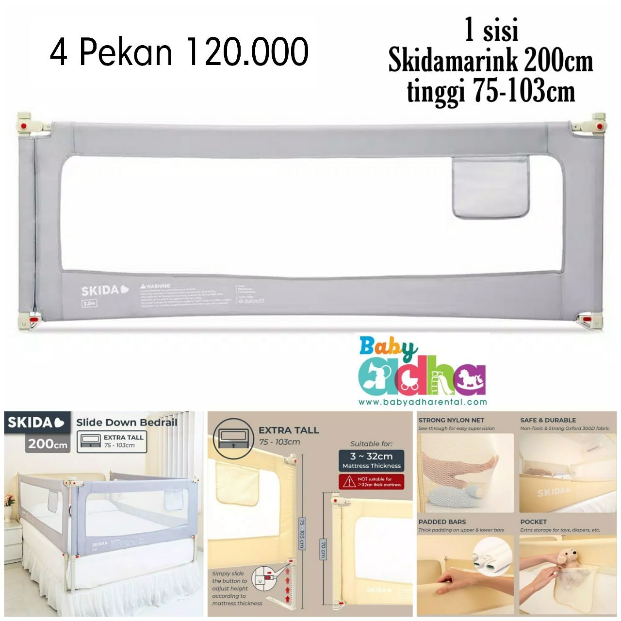 BEDRAIL SKIDAMARINK GREY 200CM