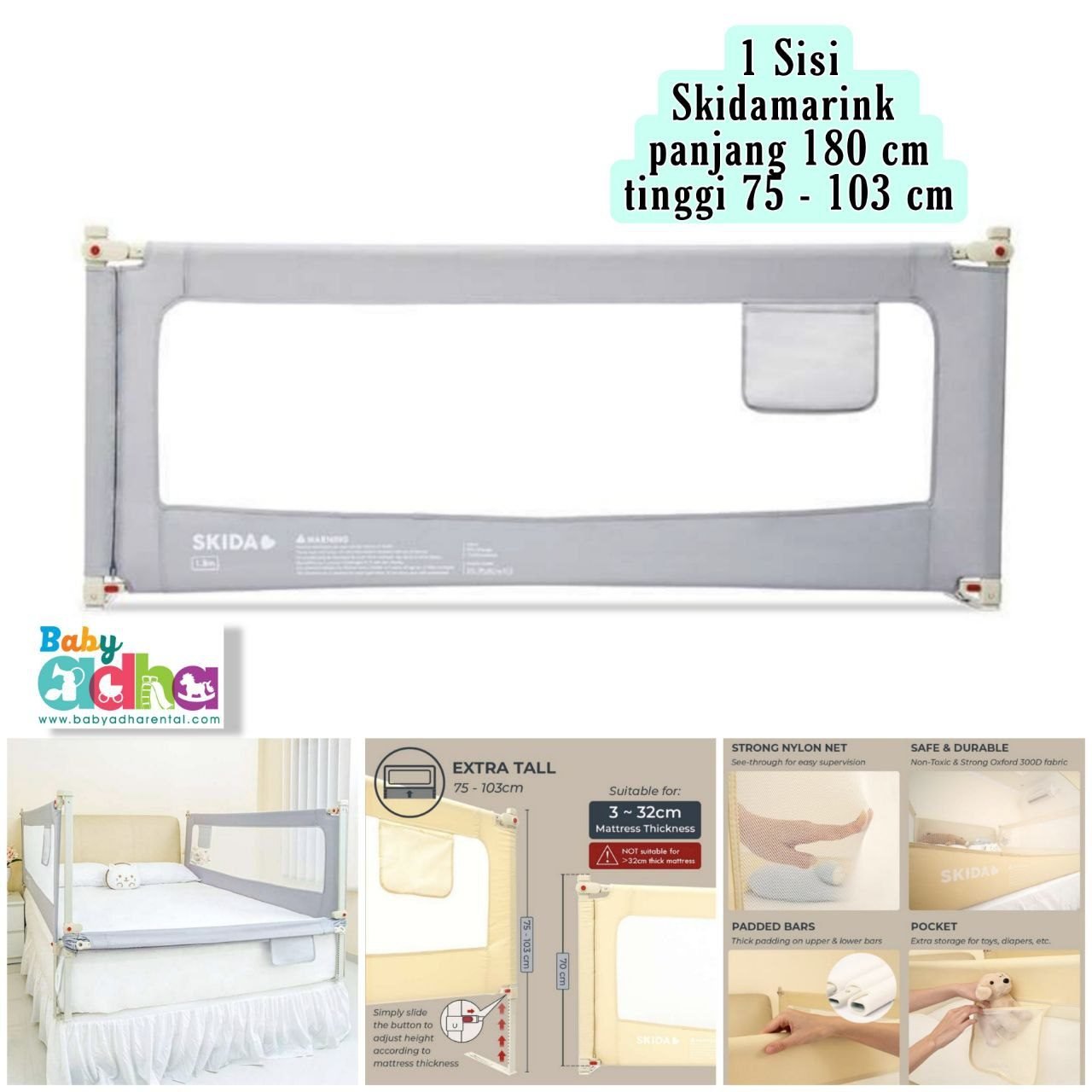 BEDRAIL SKIDAMARINK GREY 180CM